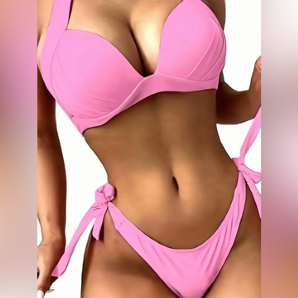 Pink Halter Push Up Tie Side Bikini Set